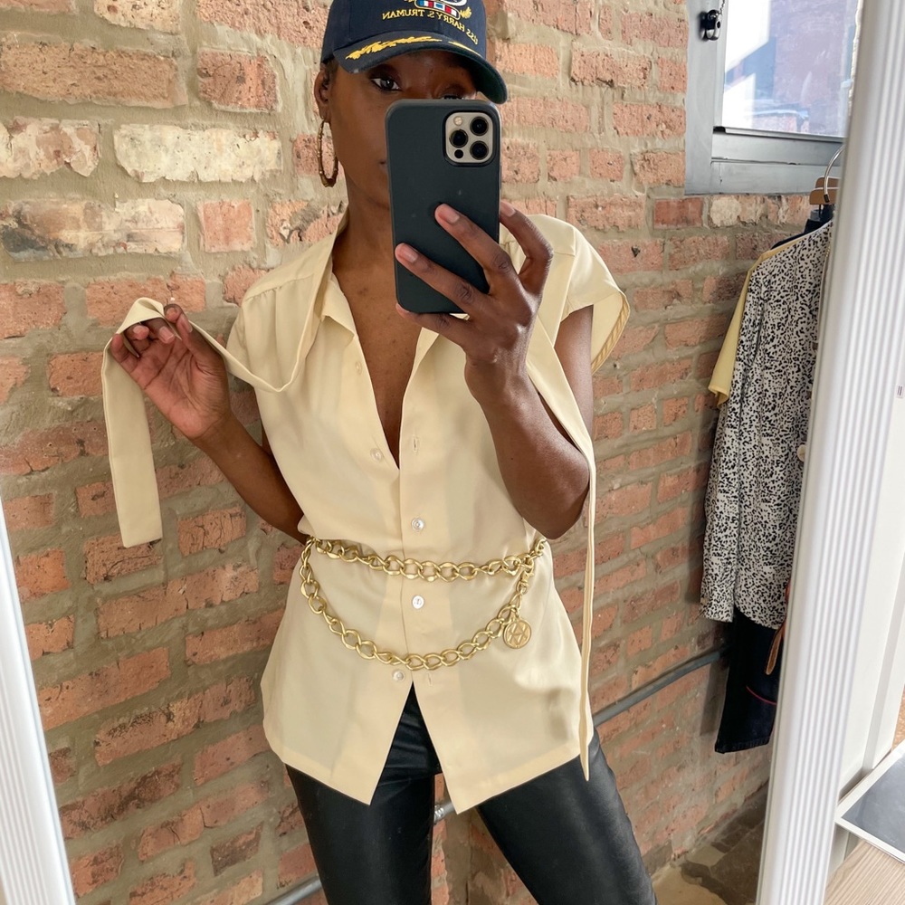 Vintage Cream Sleeves Pussy Bow Top